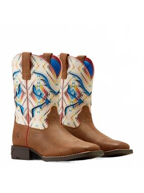 ARIAT Girl's San Angelo Venttek Western Leather Boot NEW Tan & White Aztec Print